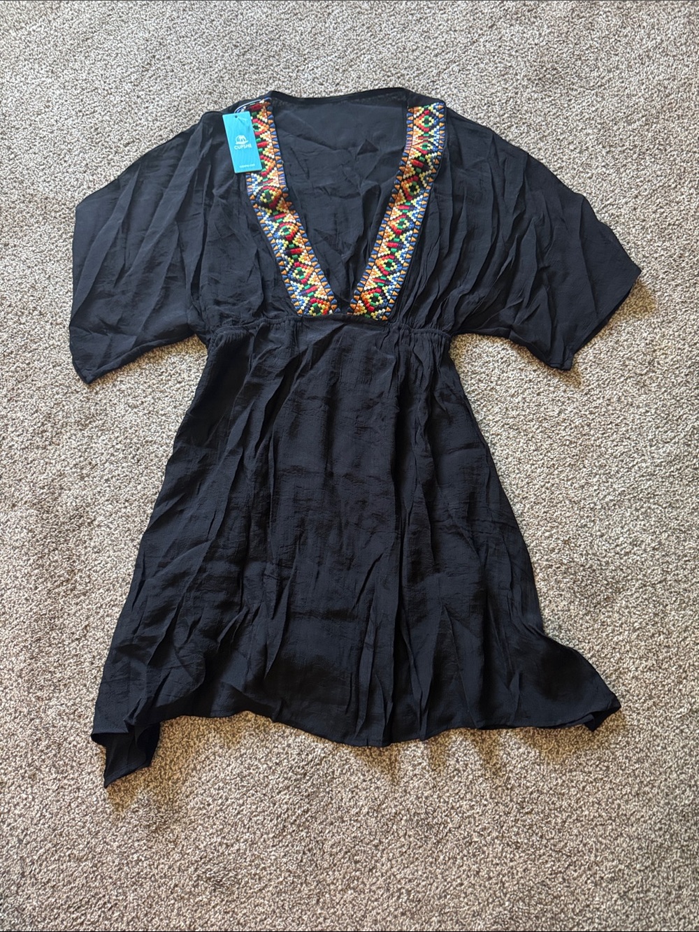 Cupshe Black V-Neck Tunic with Multicolor Embroidered Trim